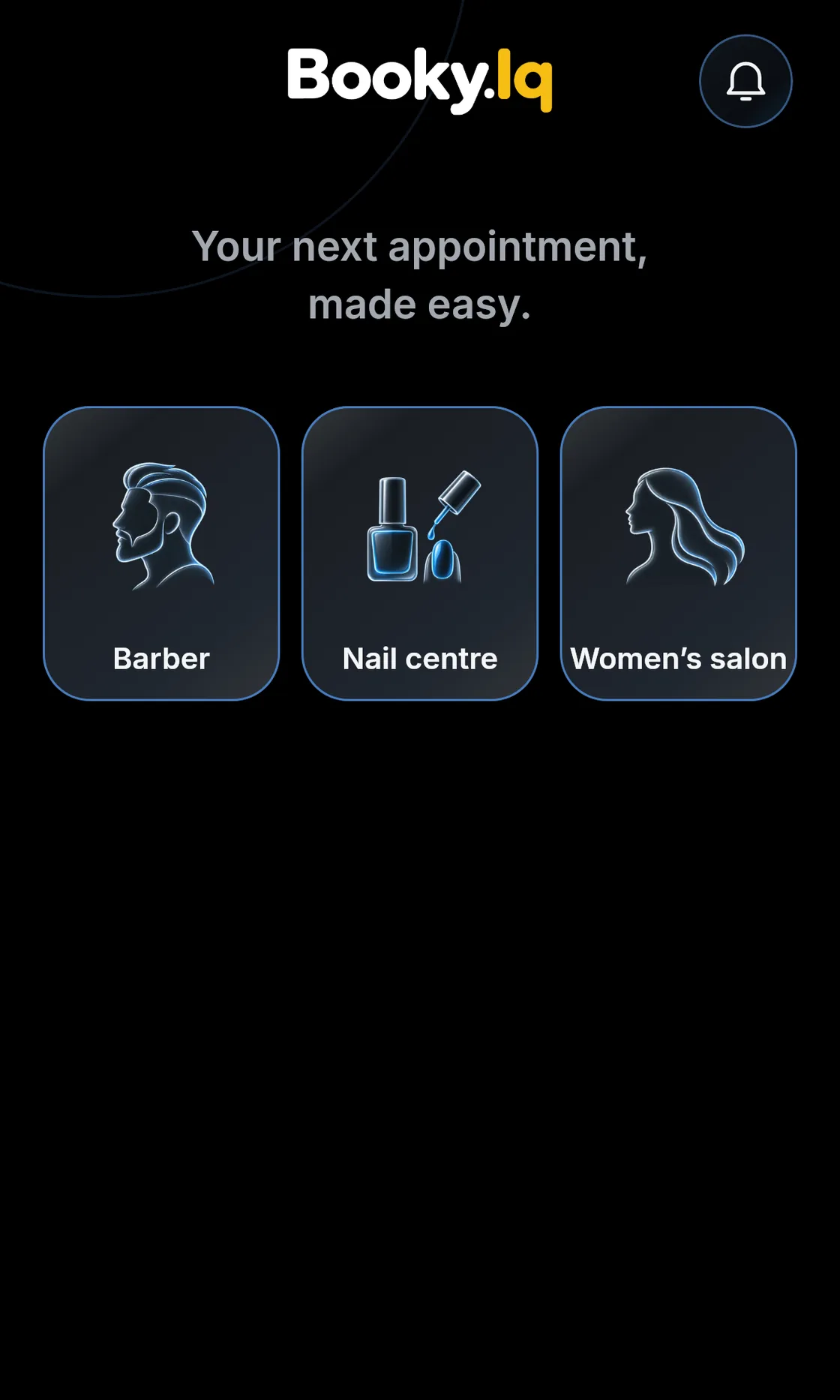 Booky.Iq Home: welcome line and three categories.