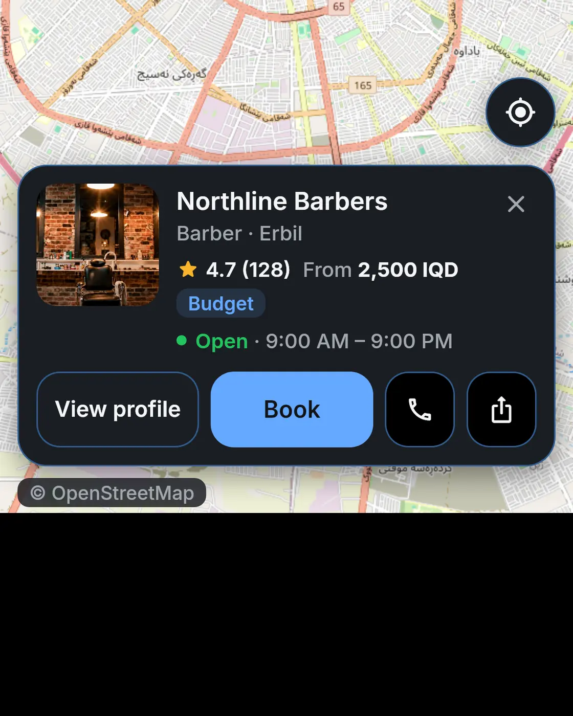 Map of Erbil with Northline Barbers, 4.7 (128), from 2,500 IQD; OpenStreetMap attribution.