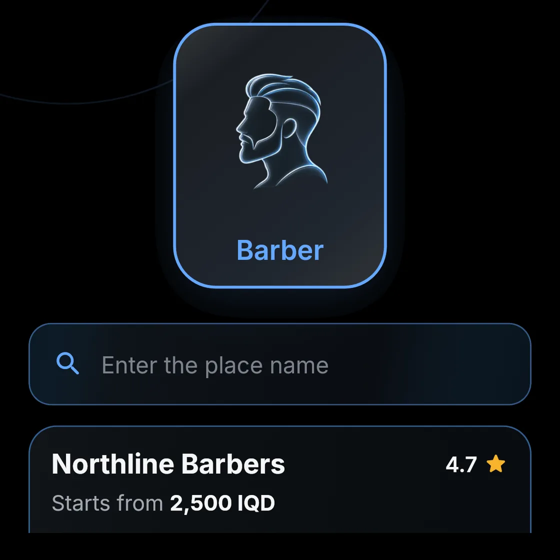 Sample Northline Barbers: Barber, 4.7, starts from 2,500 IQD.