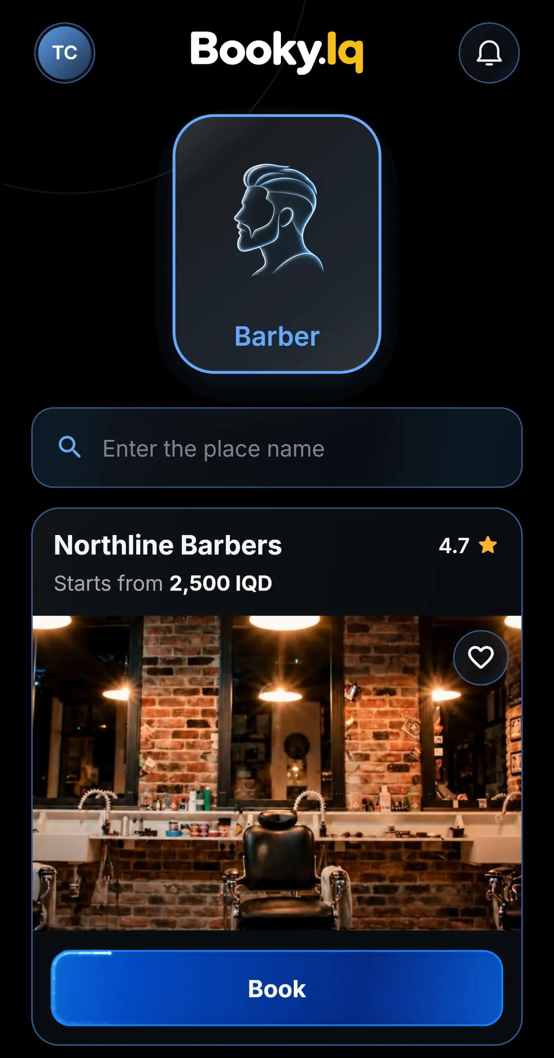 Booky.Iq home screen: the Barber category and a sample barbershop that starts from 2,500 IQD.
