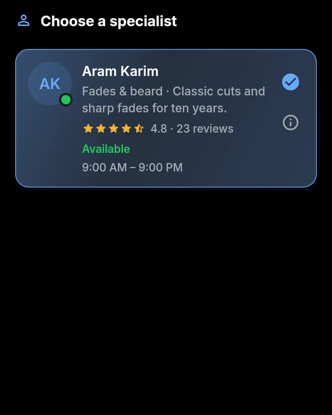 Choose a specialist: Aram Karim selected.